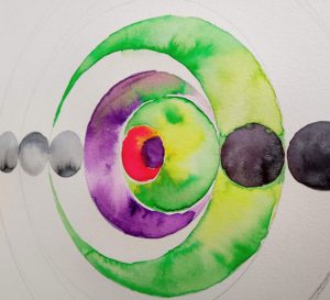 Mandala círculos concéntricos pintado con técnica de acuarela